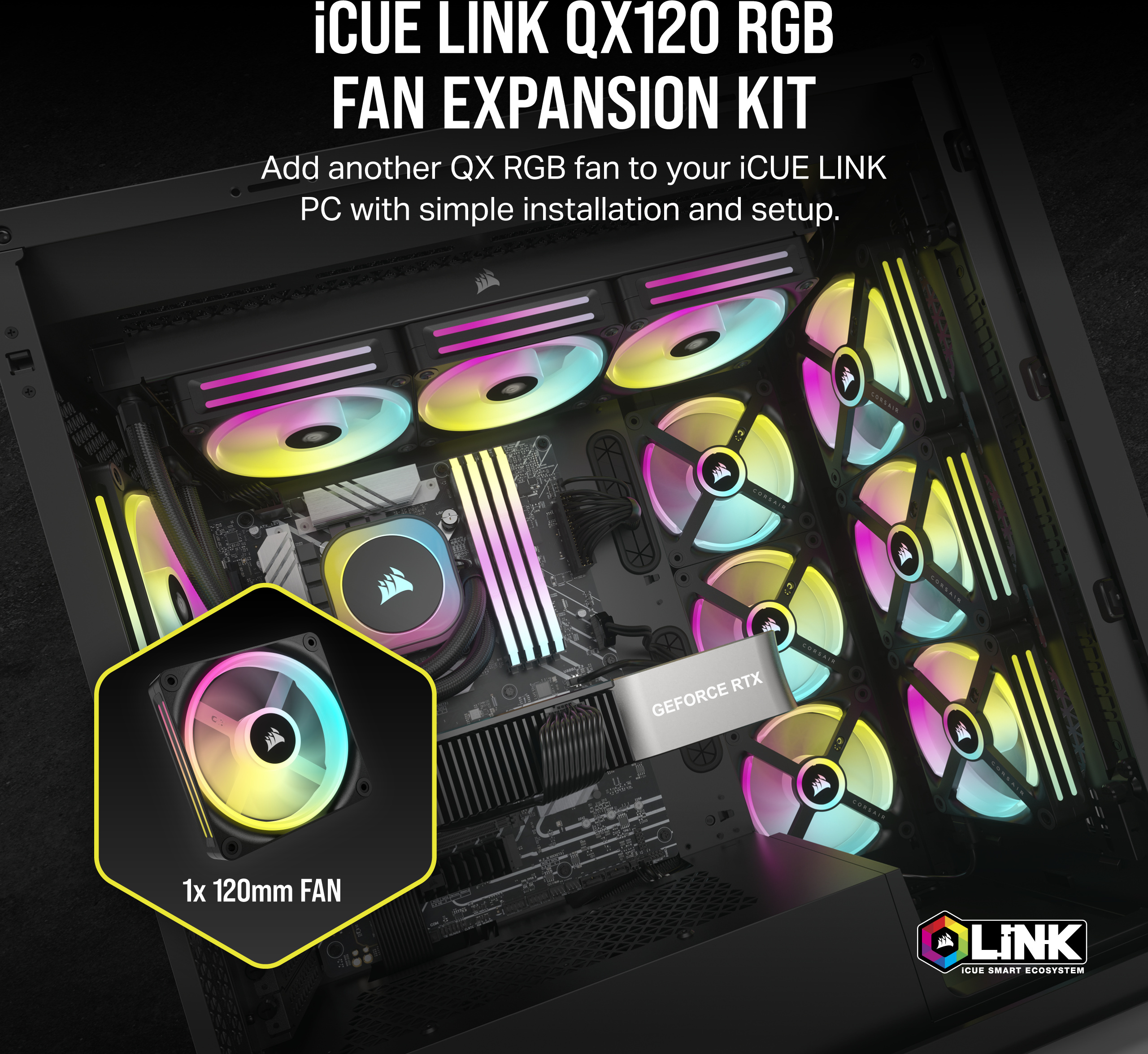 Corsair iCUE LINK QX120 RGB PWM -tuuletin, 120 mm, musta, 1 kpl Expansion Kit