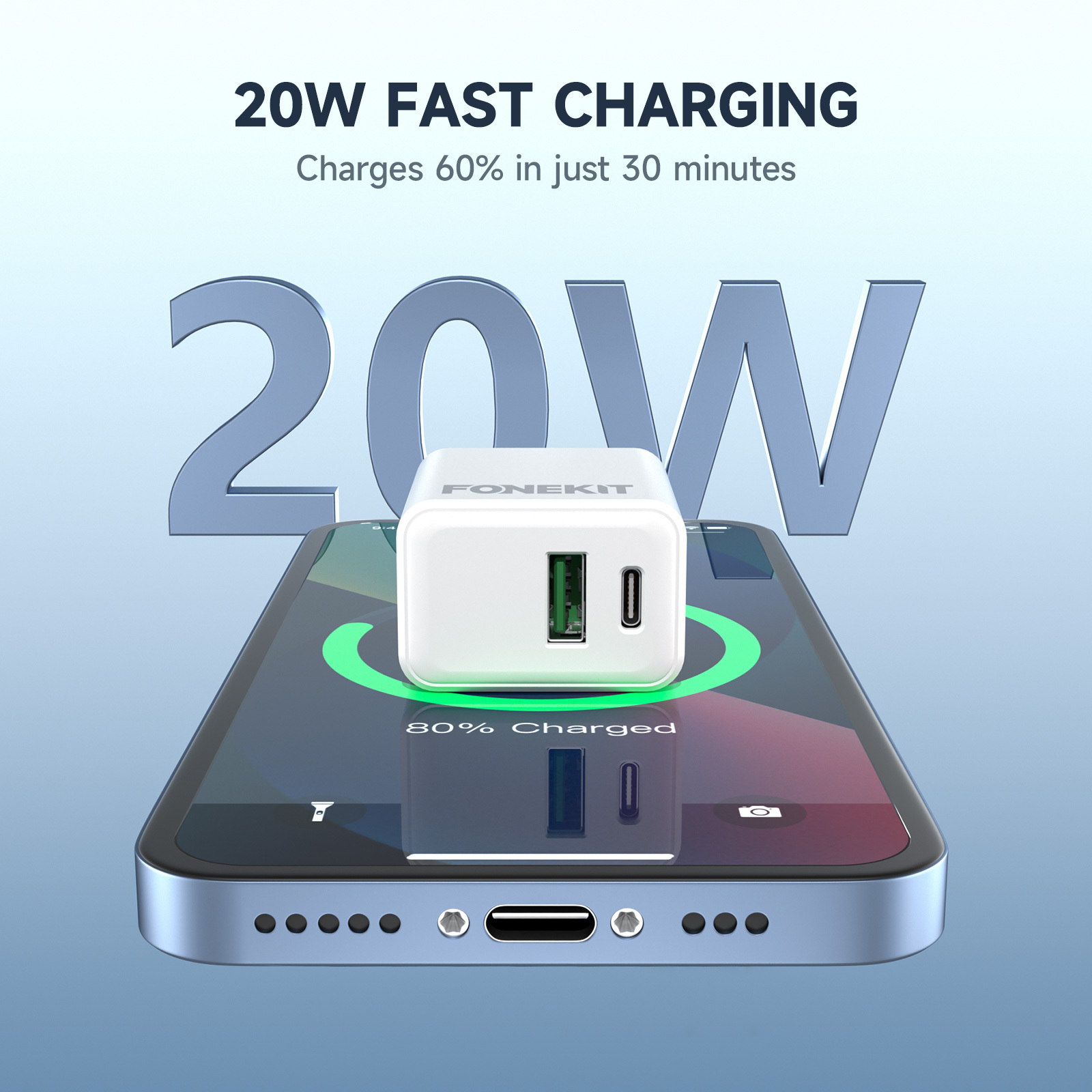 FoneKit Double 20W -laturi, USB-C + USB-A, valkoinen