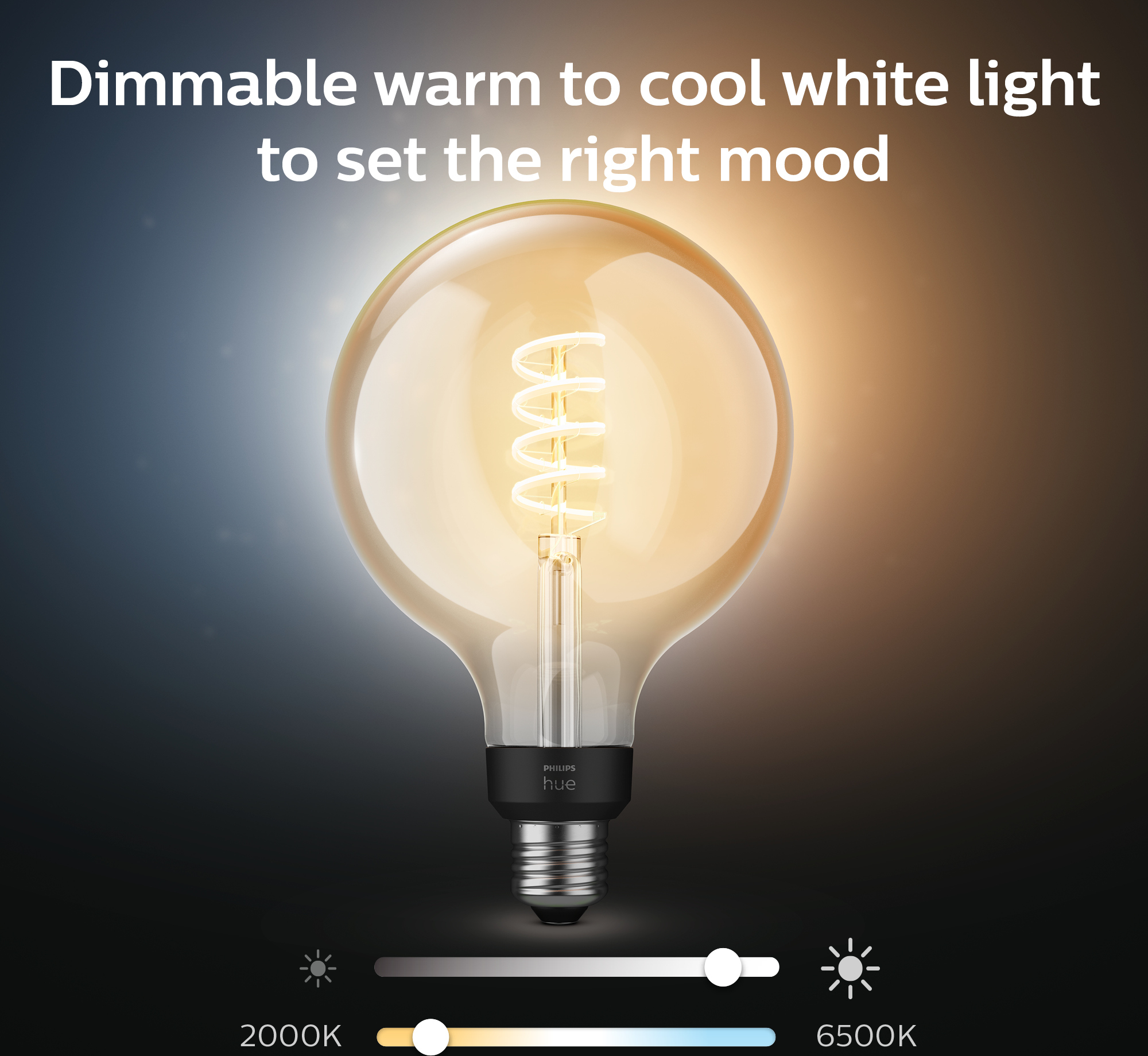 Philips Hue -filamenttiälylamppu, White ambiance, Filament Globe, E27, 9,5 cm