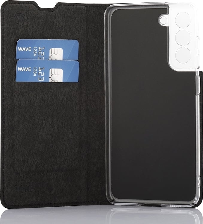 Wave BookCase -suojakotelo, Samsung Galaxy S21 FE 5G, musta