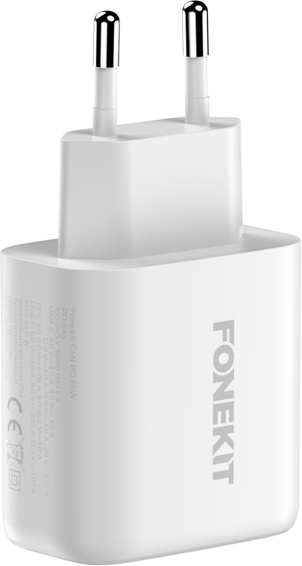 FoneKit GaN PD 65W -verkkovirtalaturi, USB-C + USB-C, valkoinen