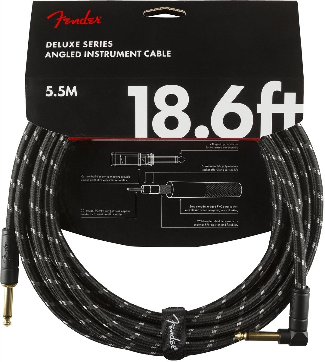 Fender Deluxe -instrumenttikaapeli kulmaliittimellä, 5,5m, Black Tweed