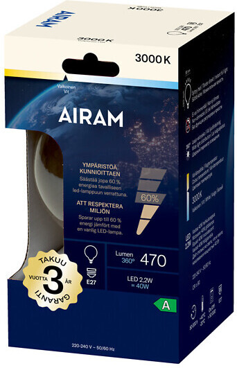 Airam LED G95 -lamppu, E27, 3000K, 470lm, kirkaskupuinen