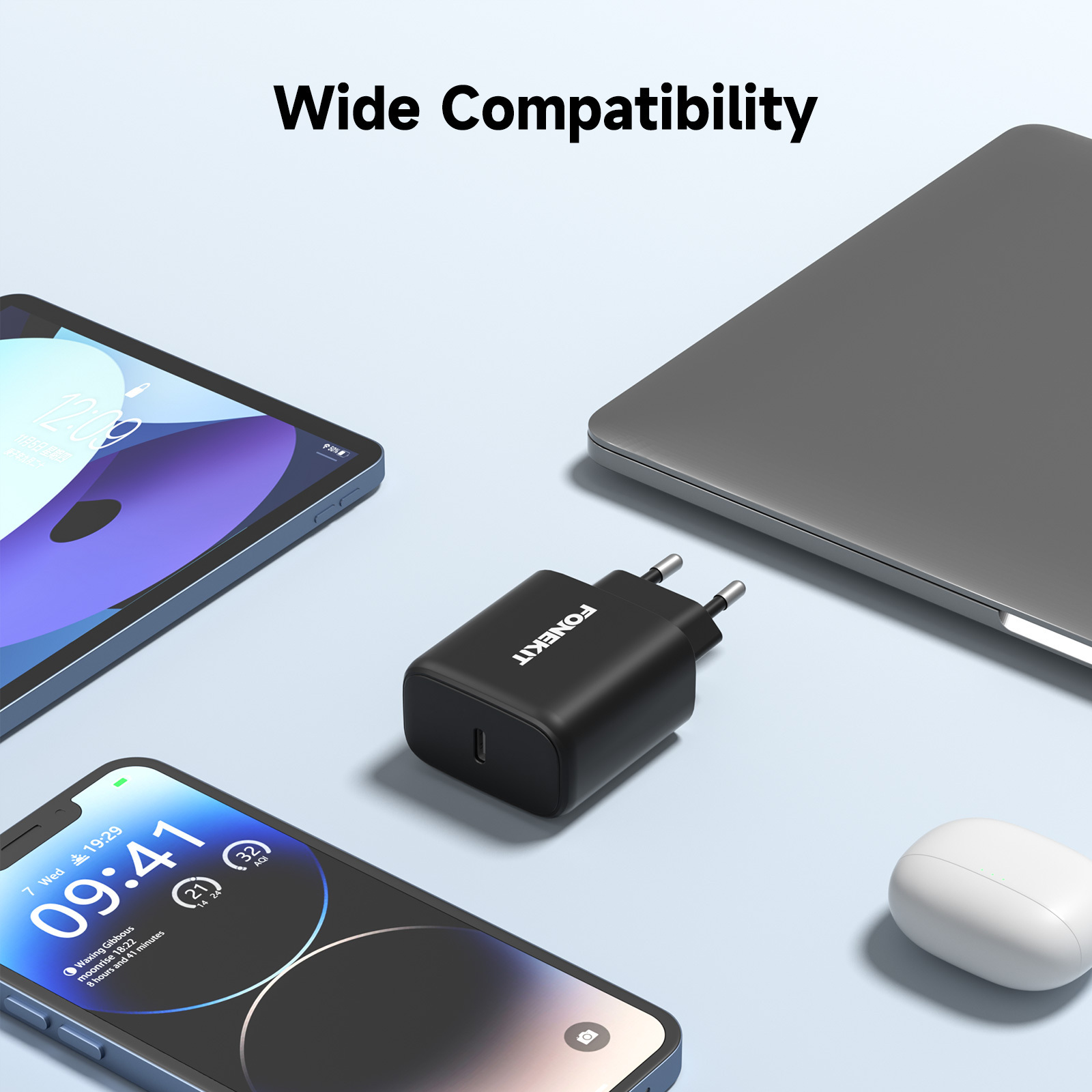 FoneKit Double 20W -laturi, USB-C + USB-A, musta