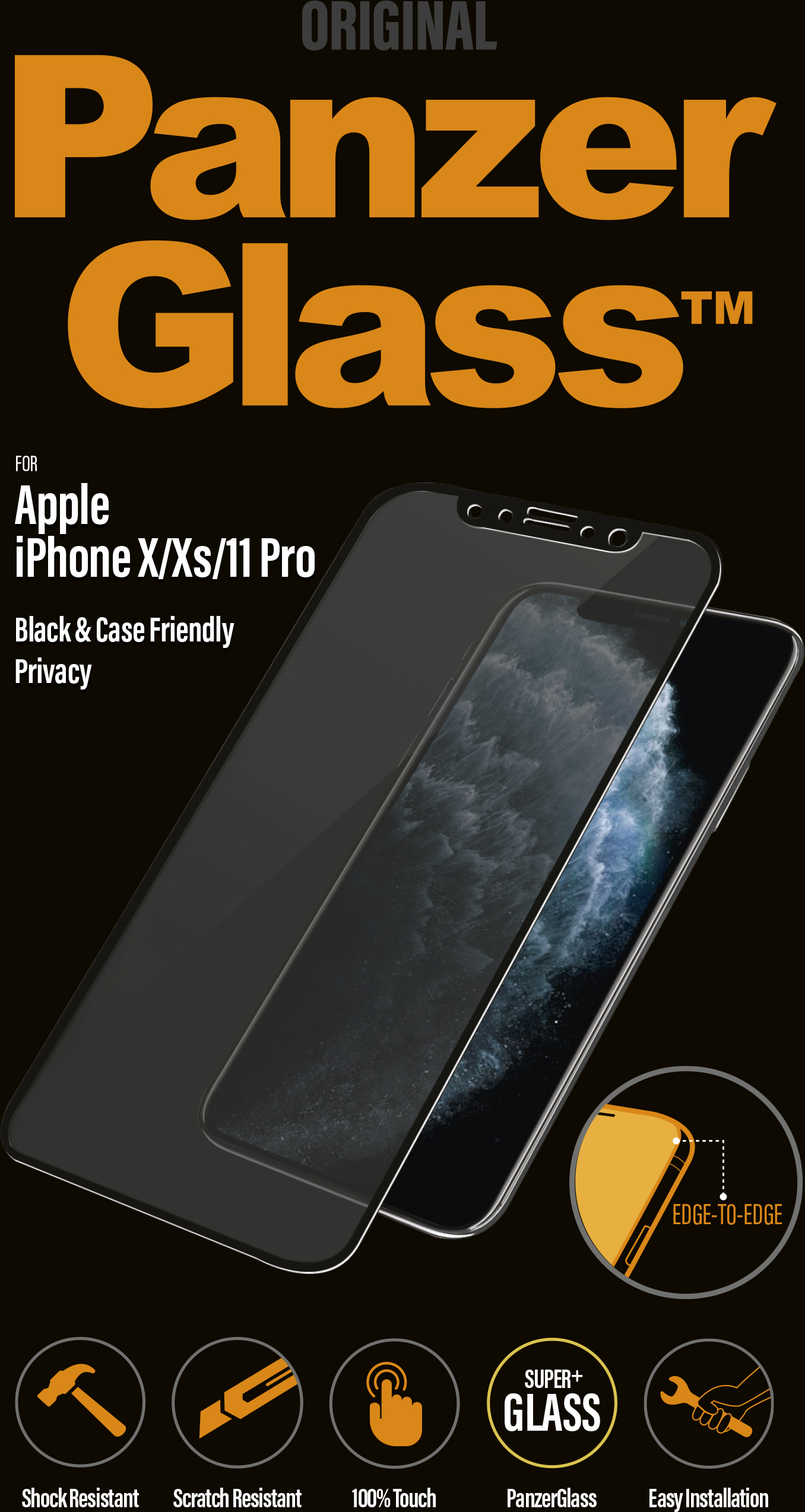 PanzerGlass Case Friendly Privacy -panssarilasi, iPhone X / Xs / 11 Pro, musta
