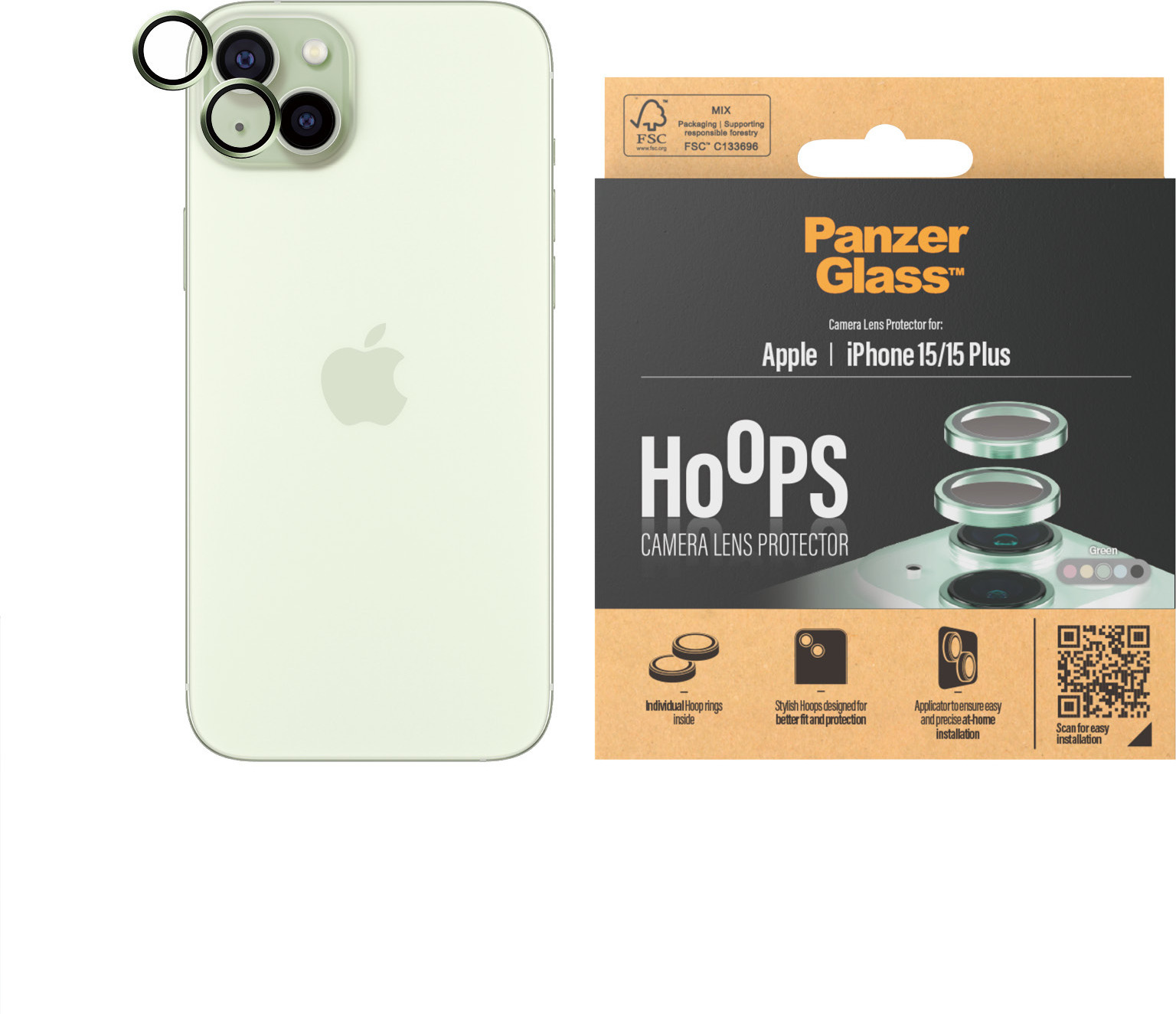 PanzerGlass Hoops -kameran linssinsuoja, iPhone 15 / 15 Plus, vihreä