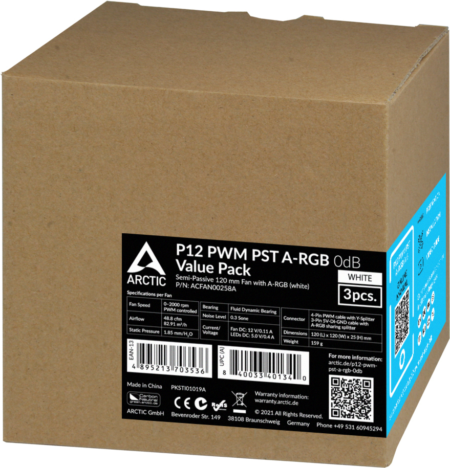 Arctic P12 PWM PST A-RGB 0dB -tuuletinpakkaus, 120 mm, valkoinen, 3-pack