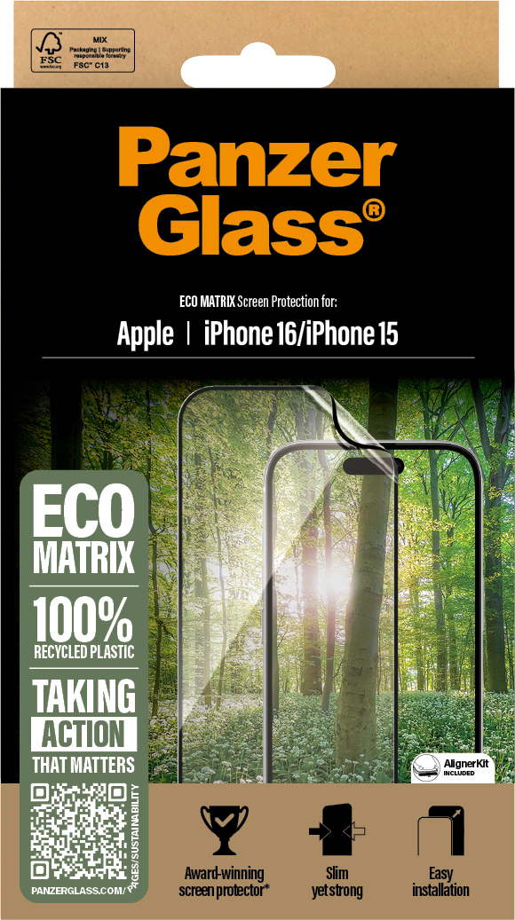 PanzerGlass Eco MATRIX -suojakalvo, Ultra-Wide Fit, Apple iPhone 16 / 15
