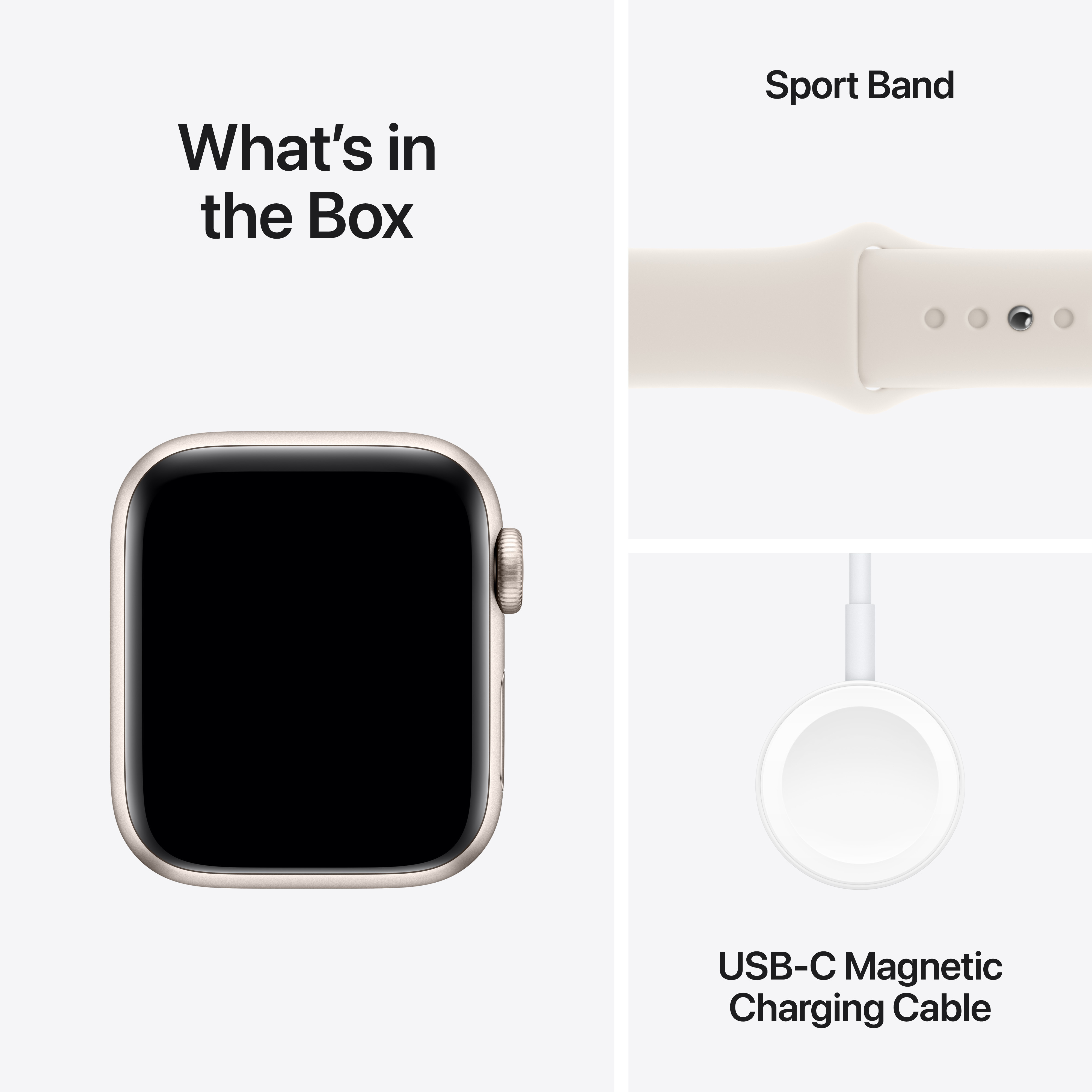 Apple Watch SE (GPS) 40 mm tähtivalkea alumiinikuori ja tähtivalkea urheiluranneke, M/L (MXEG3)