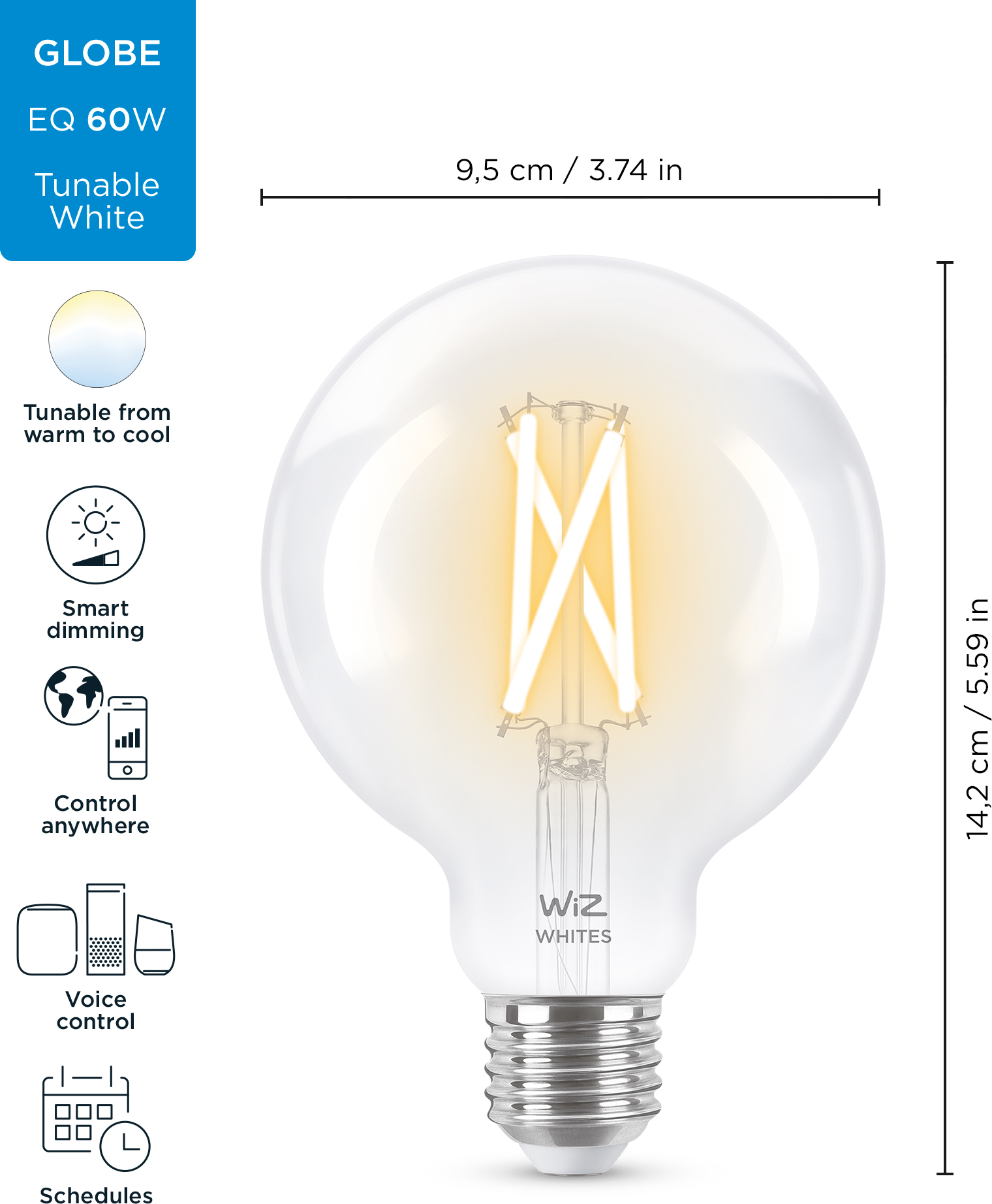 WiZ älylamppu, E14, kirkas lasi, tunable white - valkoisen valon sävyt, Wi-Fi, 2700-6500 K, 470 lm