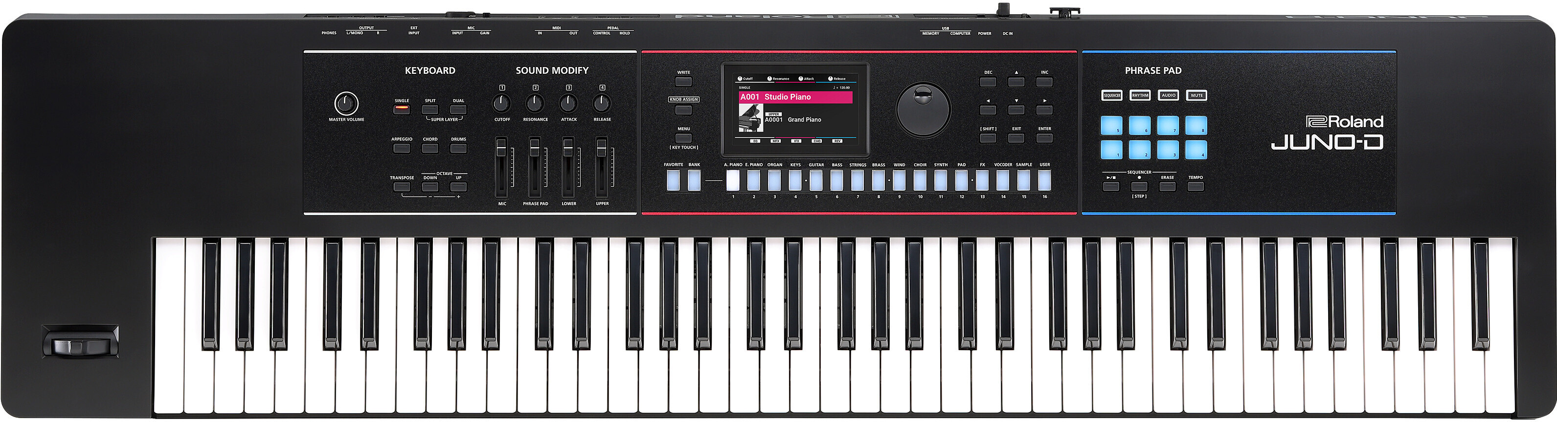 Roland Juno-D6 -syntetisaattori, musta