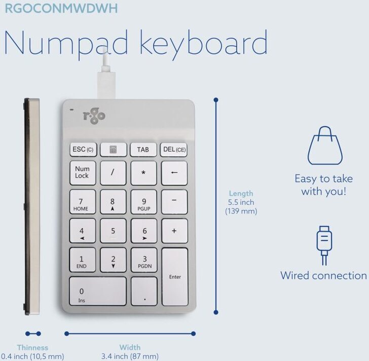 R-Go Numpad Break -numeronäppäimistö, langallinen, valkoinen