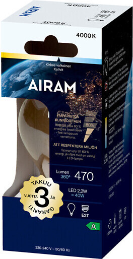 Airam LED A60 -lamppu, E27, 4000K, 470lm, kirkaskupuinen
