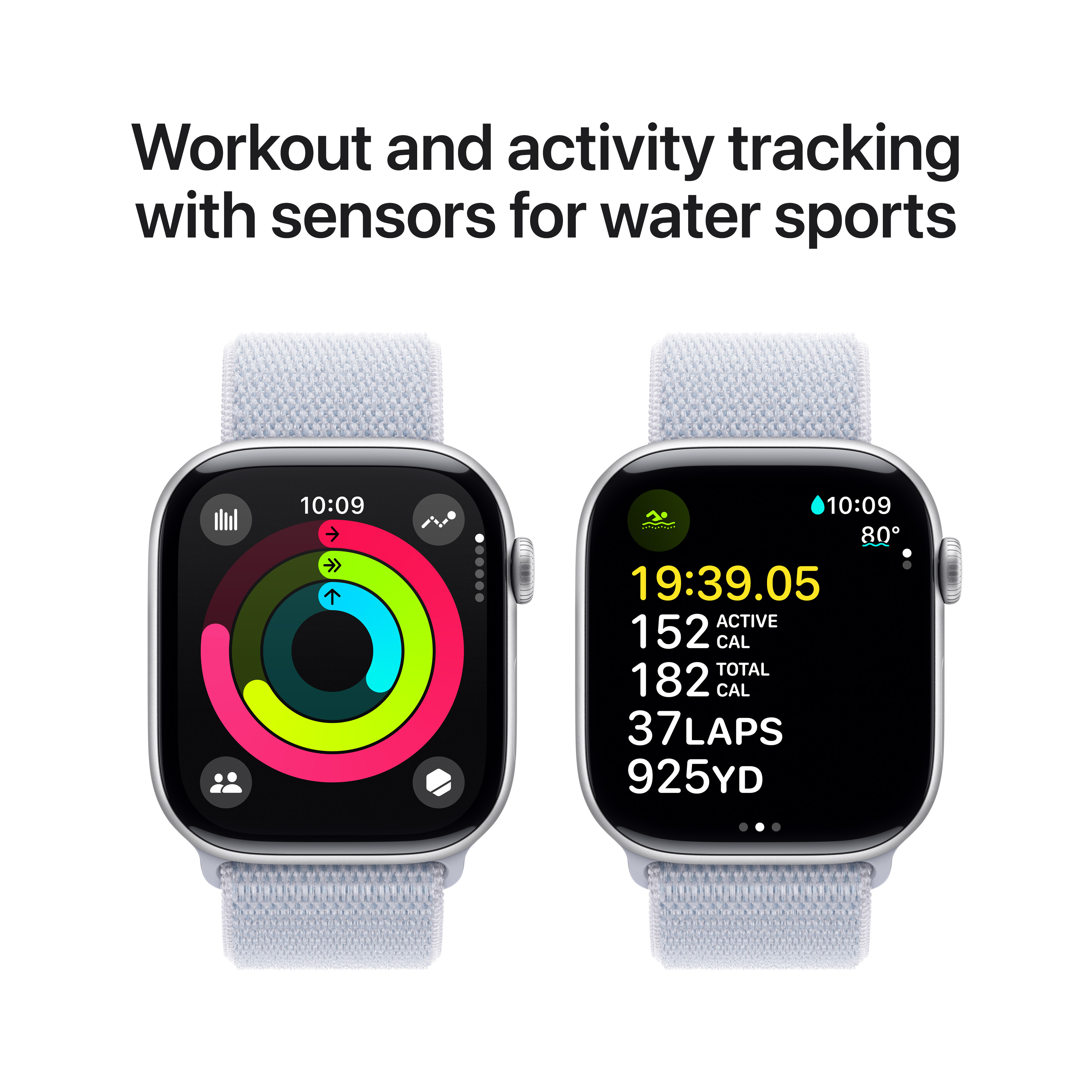 Apple Watch Series 10 (GPS) 46 mm hopea alumiinikuori ja sinertävä Sport Loop -ranneke (MWWN3)