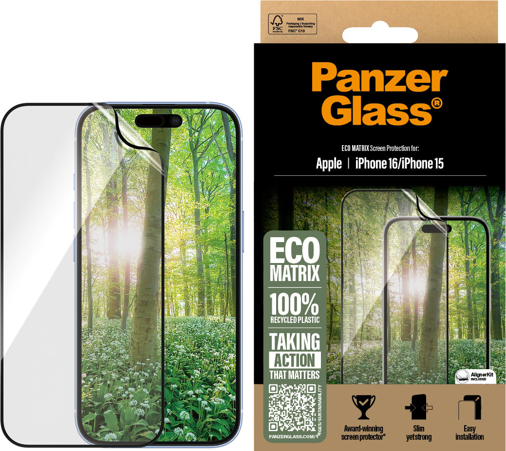 PanzerGlass Eco MATRIX -suojakalvo, Ultra-Wide Fit, Apple iPhone 16 / 15