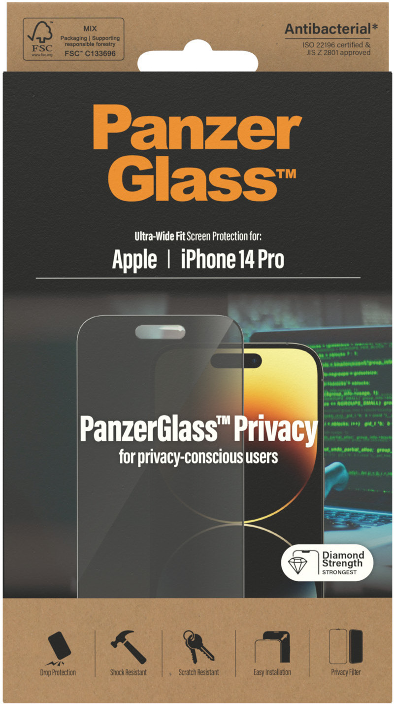 PanzerGlass Privacy -panssarilasi, iPhone 14 / 13 / 13 Pro, musta kehys