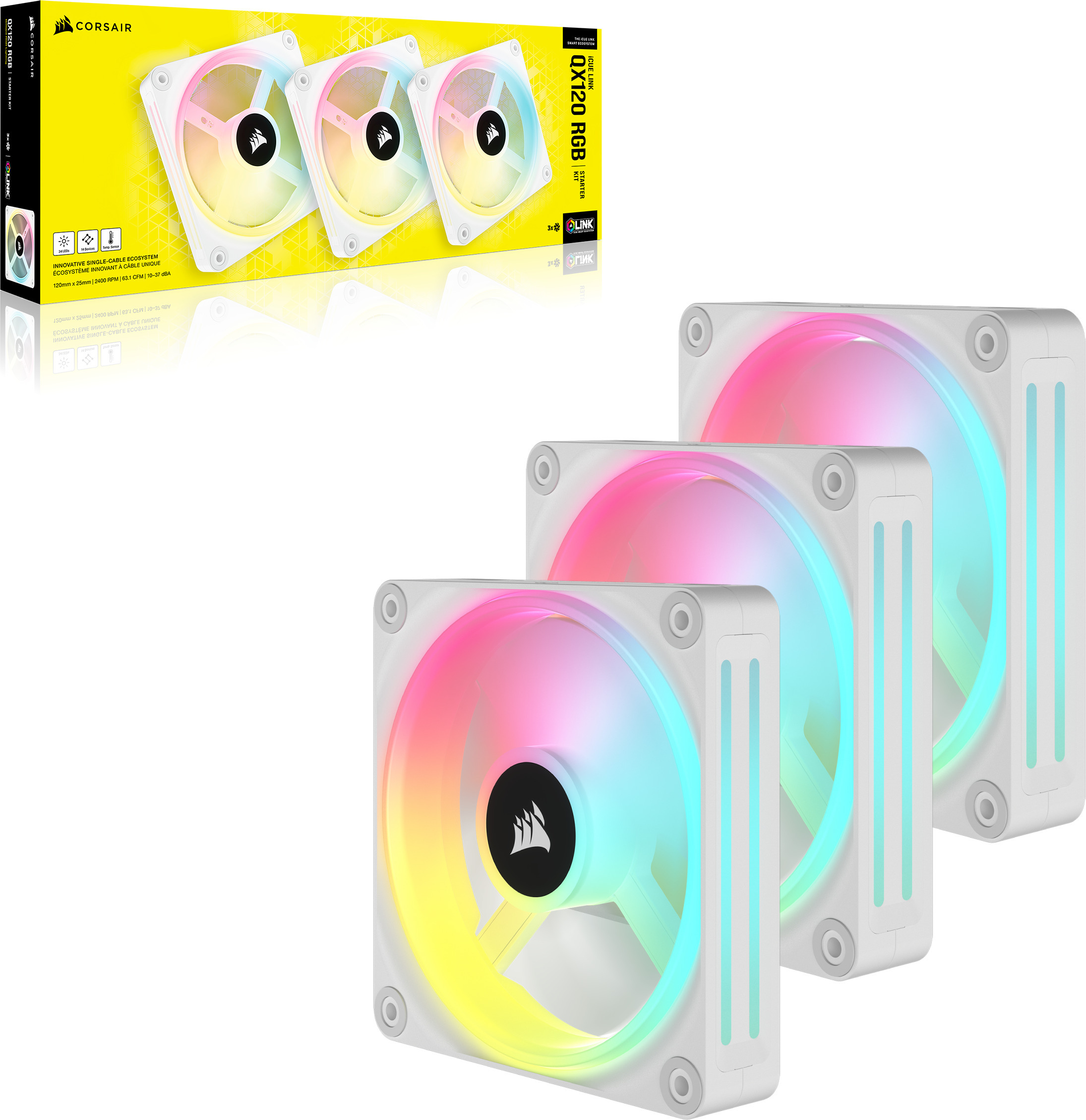 Corsair iCUE LINK QX120 RGB PWM -tuuletin, 120 mm, valkoinen, 3 kpl Starter Kit