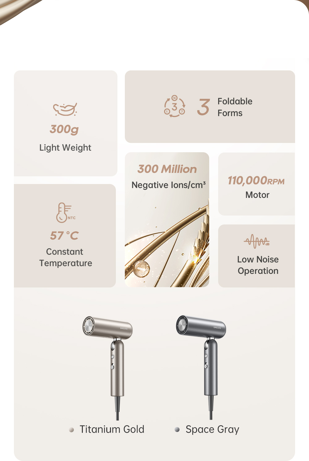 Dreame Pocket hiustenkuivaaja, Titanium Gold