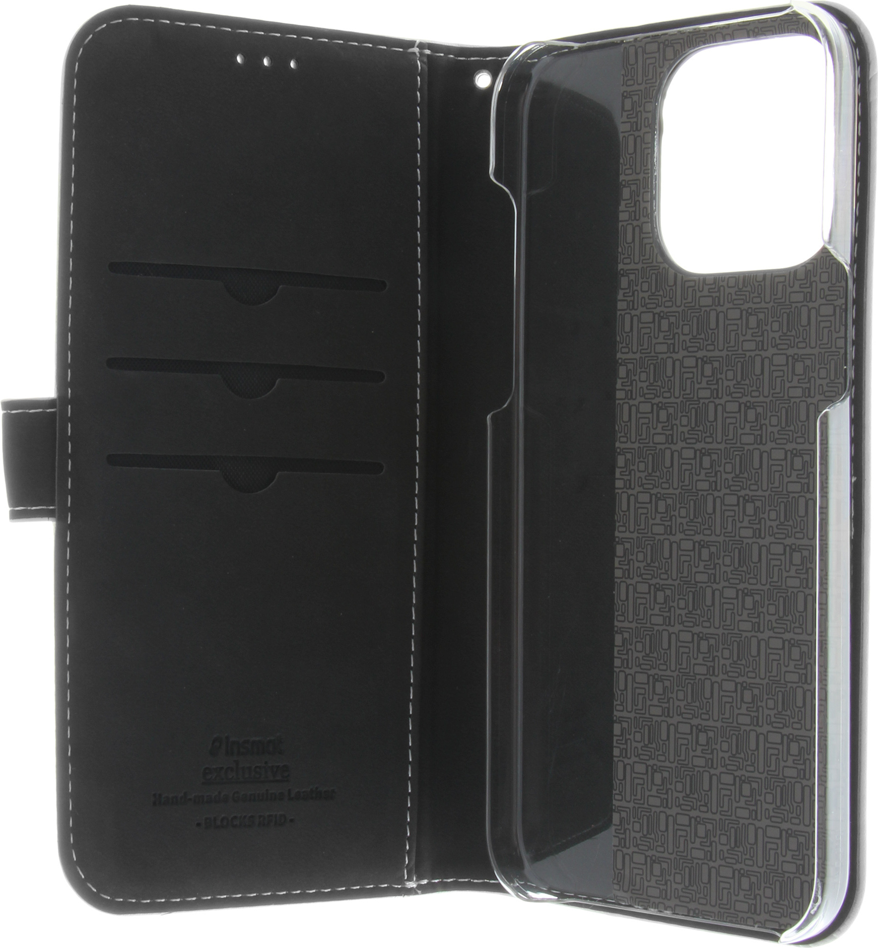 Insmat Exclusive Flip Case -lompakkokotelo, iPhone 15 Pro, musta