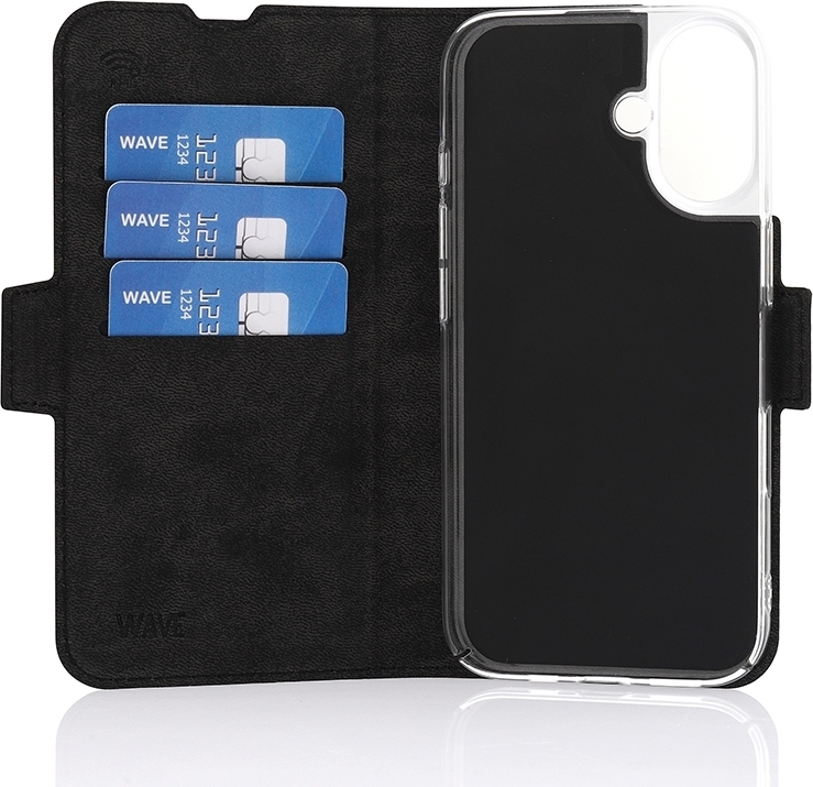 Wave BookCase -suojakotelo, MagSafe-yhteensopiva, Apple iPhone 16, musta