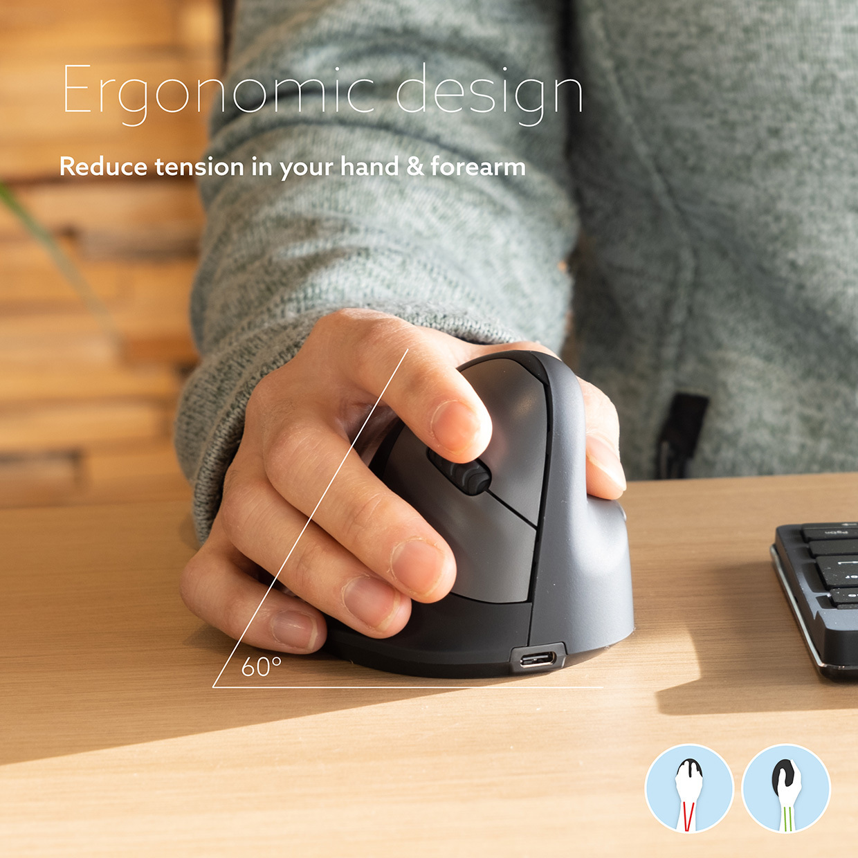 R-Go HE Break -ergonominen hiiri, USB, L-koko, oikealle kädelle