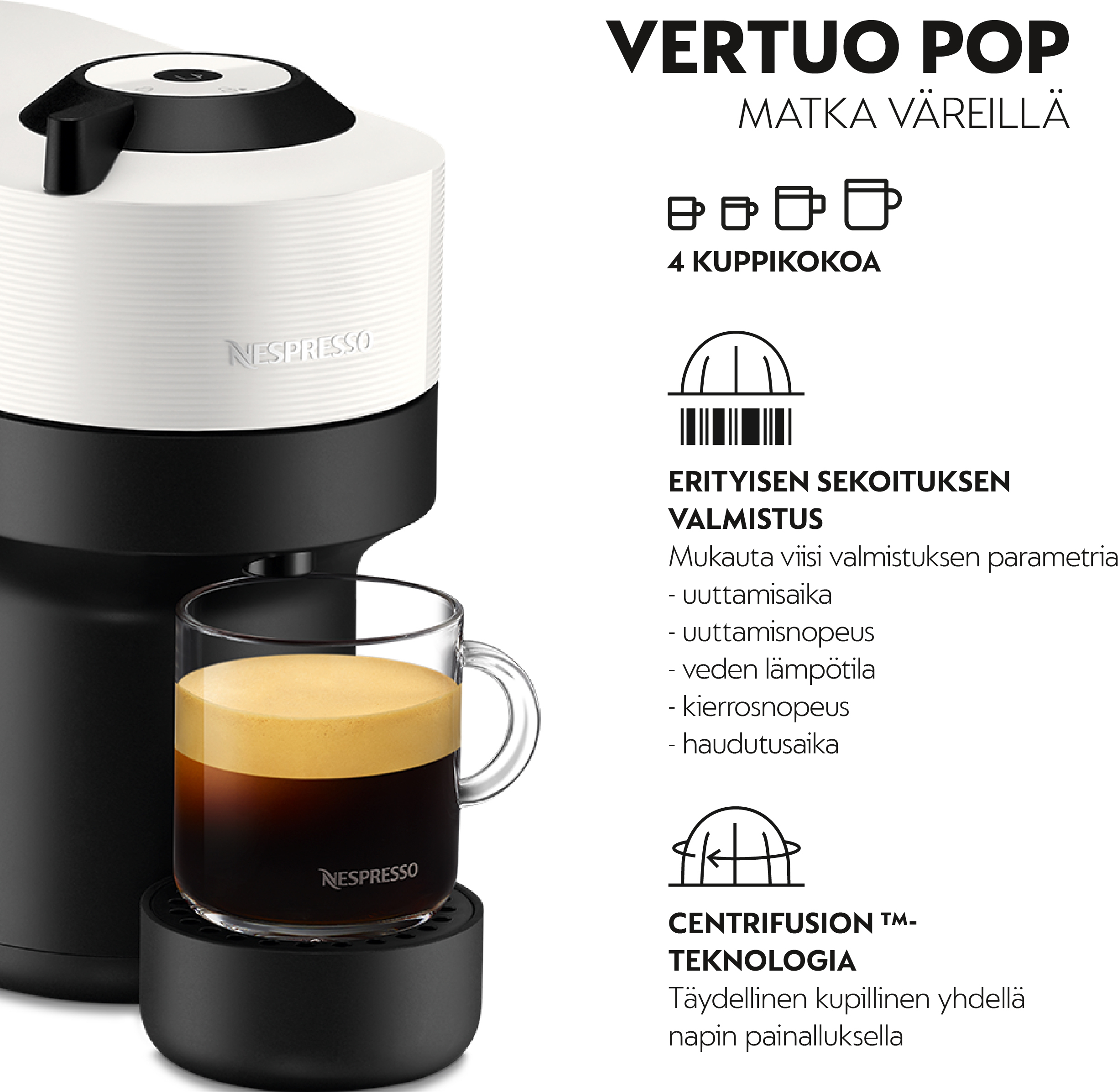 Nespresso Vertuo POP XN920110WP -kahvikapselikone, valkoinen/musta