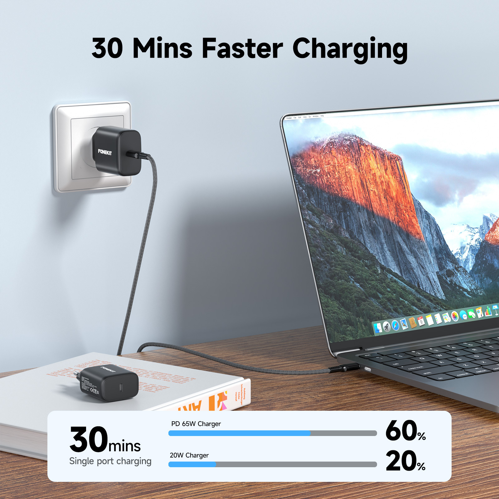 FoneKit Double 20W -laturi, USB-C + USB-A, musta