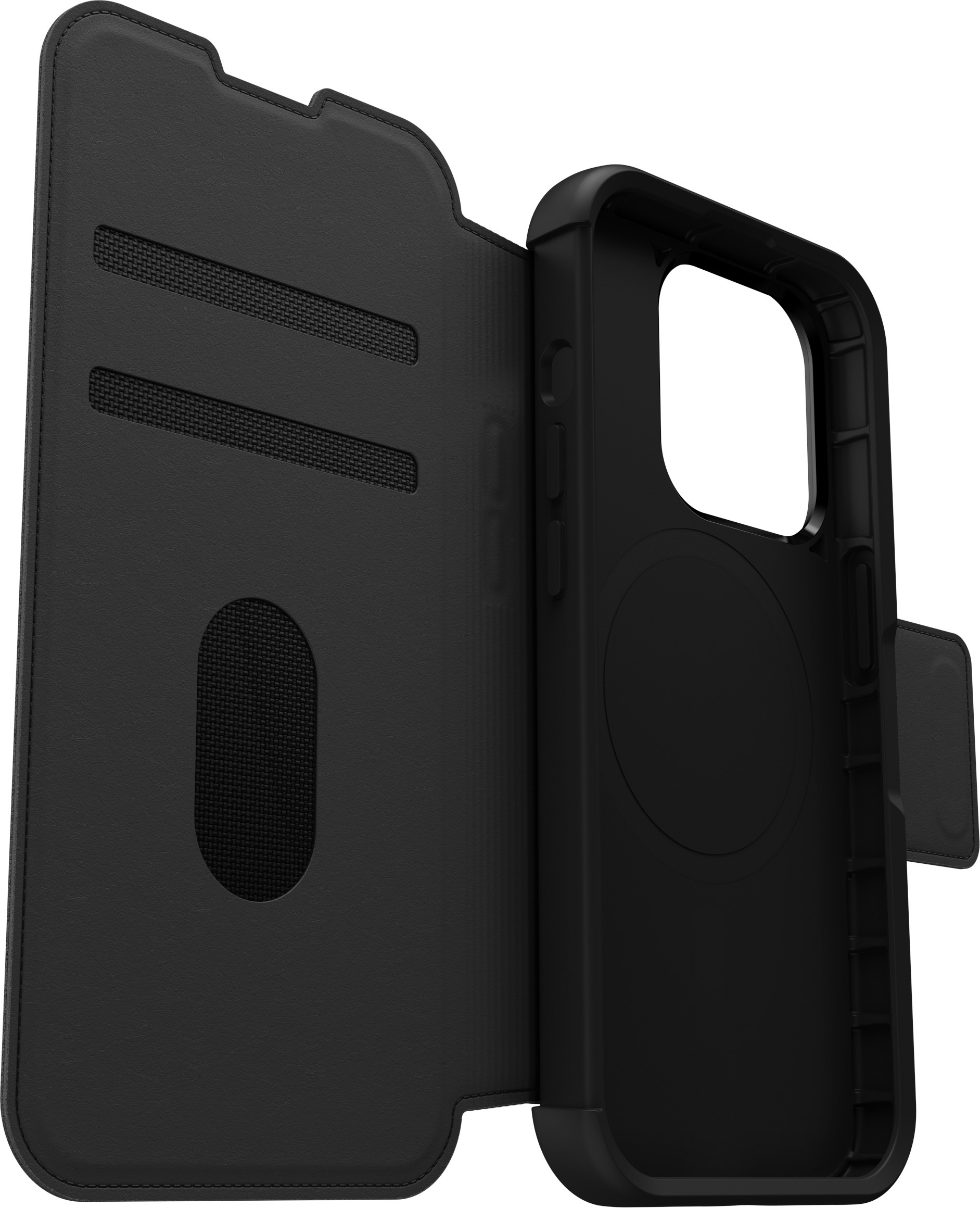 Otterbox Strada MagSafe -lompakkokotelo, iPhone 15 Pro, musta