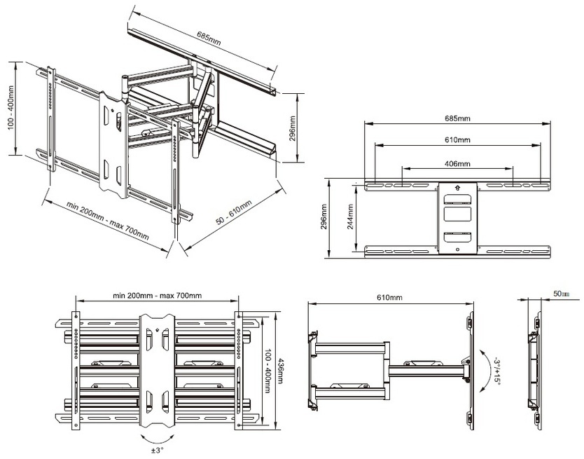 Multibrackets Universal Flexarm Pro -varrellinen seinäteline 55-85" televisiolle