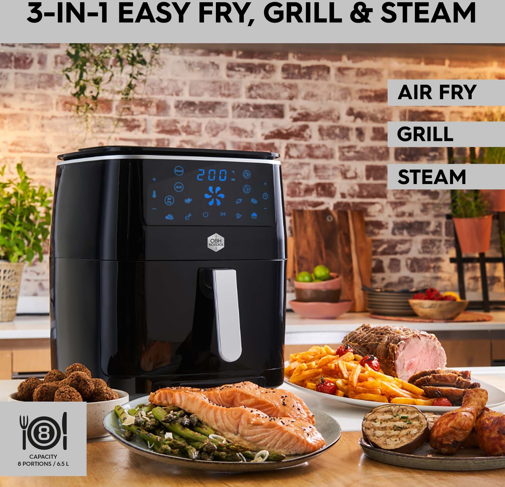 OBH Nordica Easy Fry & Grill Steam+ 3-in-1 -airfryer höyrytys- ja grillitoiminnolla, musta