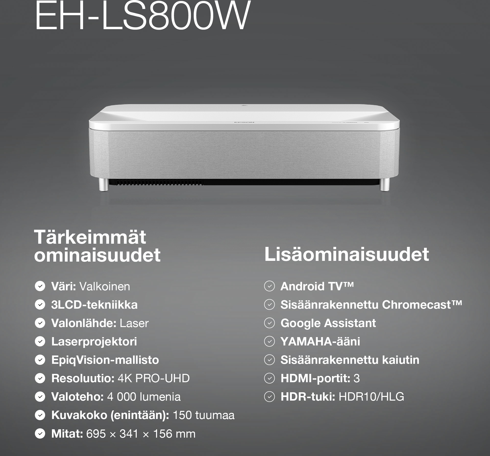 Epson EH-LS800W 4K PRO-UHD -älylaserprojektori, lähiheijastus, valkoinen