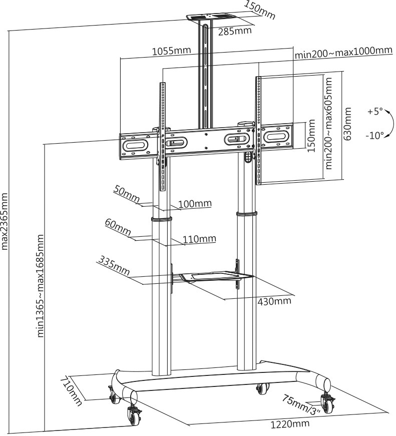 Mozi TTL06 Heavy Duty -lattiajalusta 60 - 100" näytöille ja televisioille