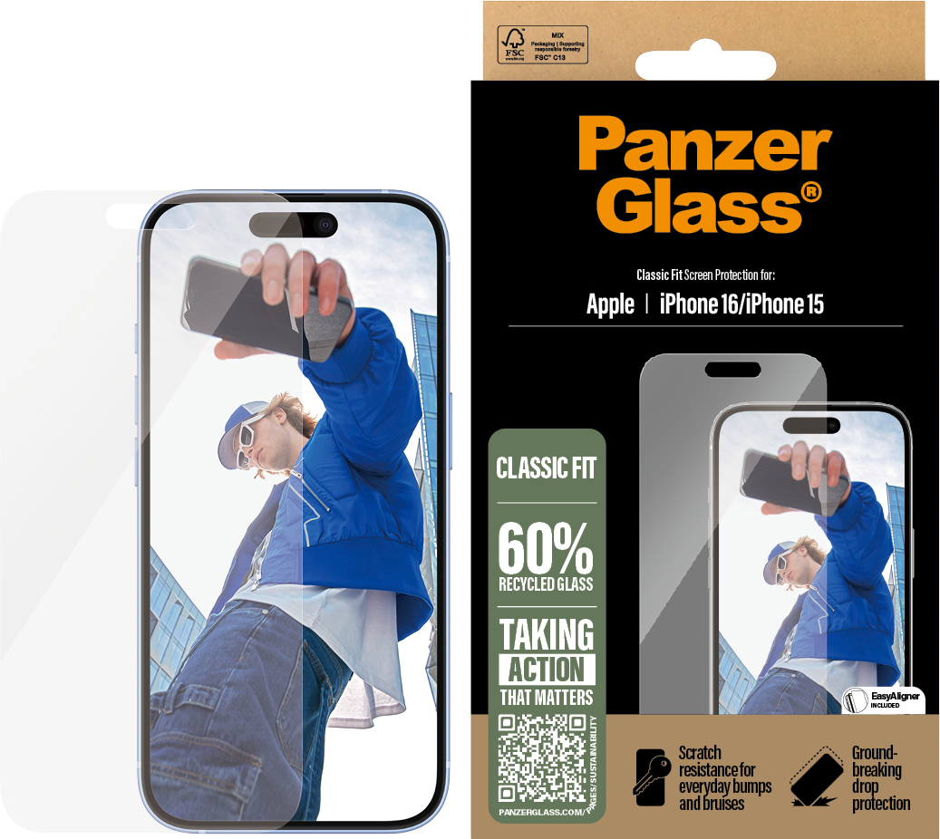 PanzerGlass Screen Protector Classic Fit -panssarilasi, Apple iPhone 16