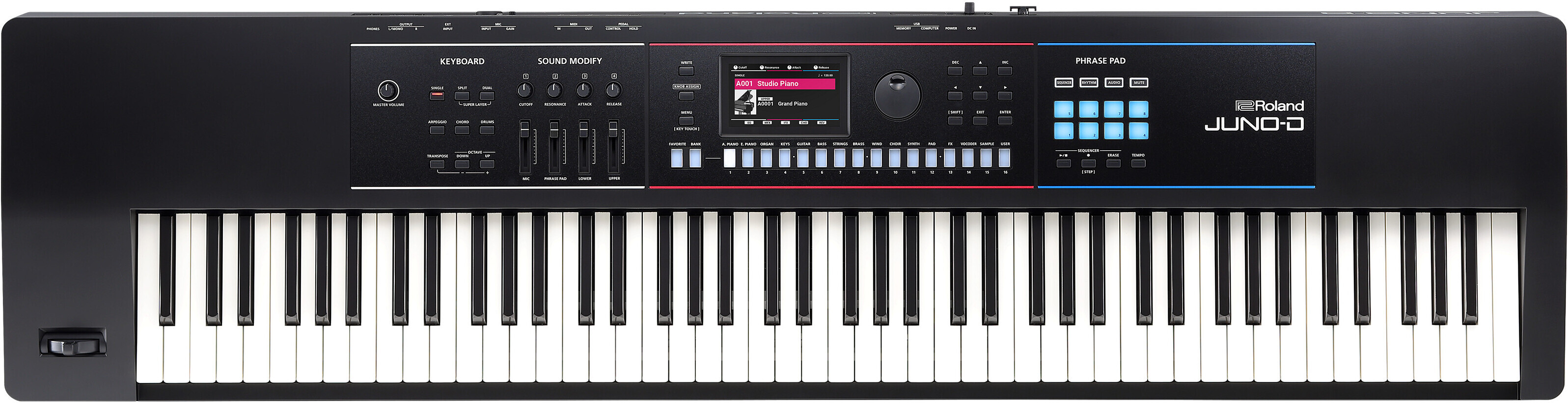 Roland Juno-D7 -syntetisaattori, musta