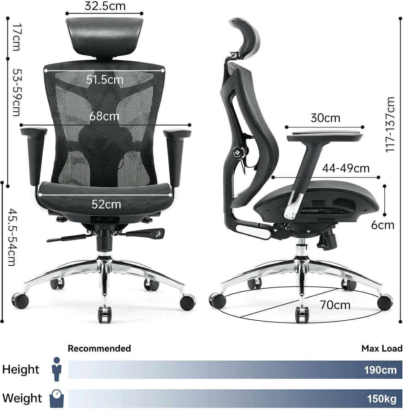 Sihoo V1 -ergonominen toimistotuoli, musta