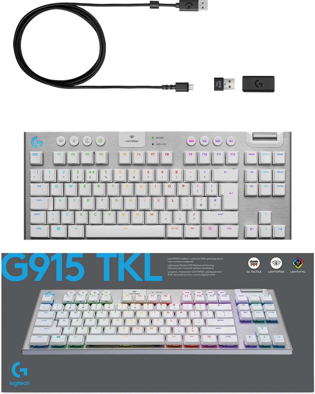 Logitech G915 TKL -pelinäppäimistö, Tactile-kytkimet, valkoinen