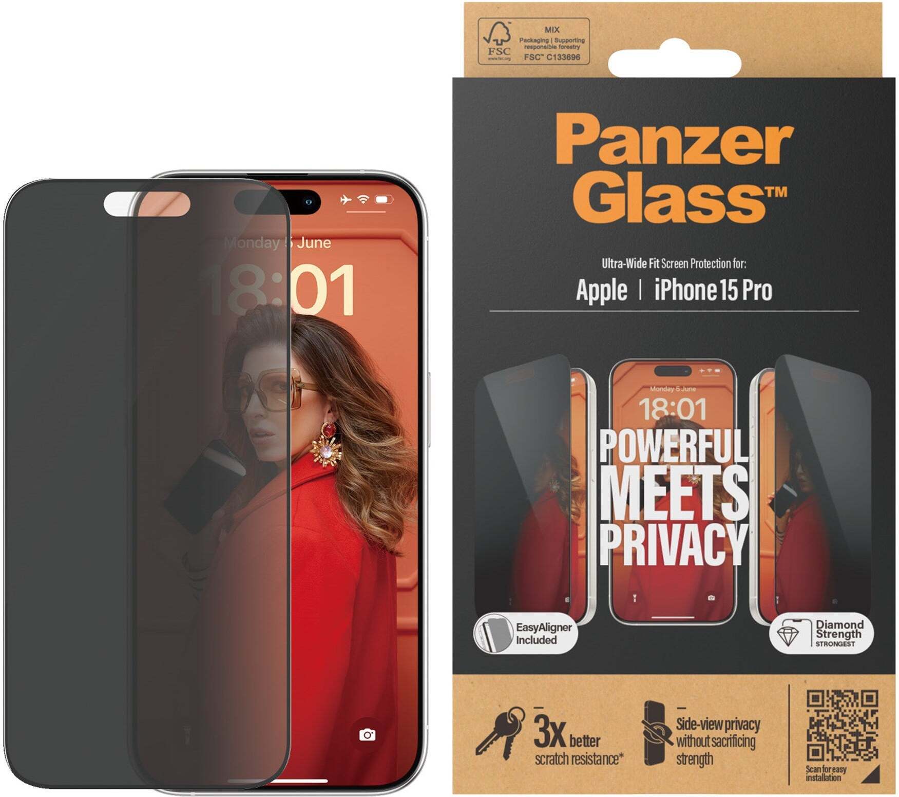 PanzerGlass Privacy Ultra Wide Fit -panssarilasi, iPhone 15 Pro, musta kehys