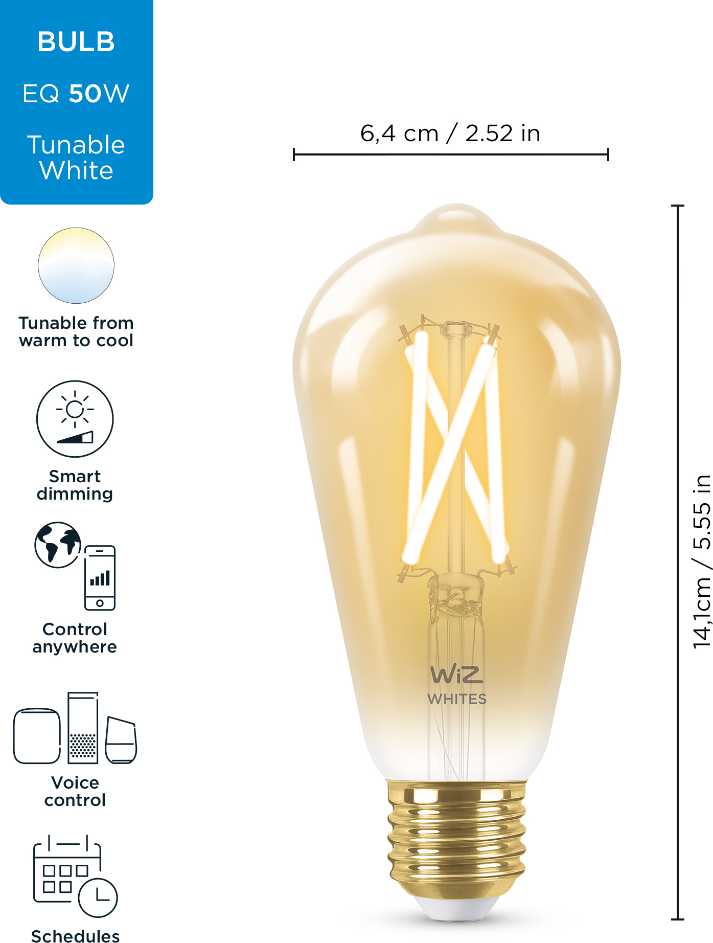 WiZ älylamppu, E27, meripihkan sävyinen lasi - valkoisen valon sävyt, Wi-Fi, 2000-5000 K, 640 lm