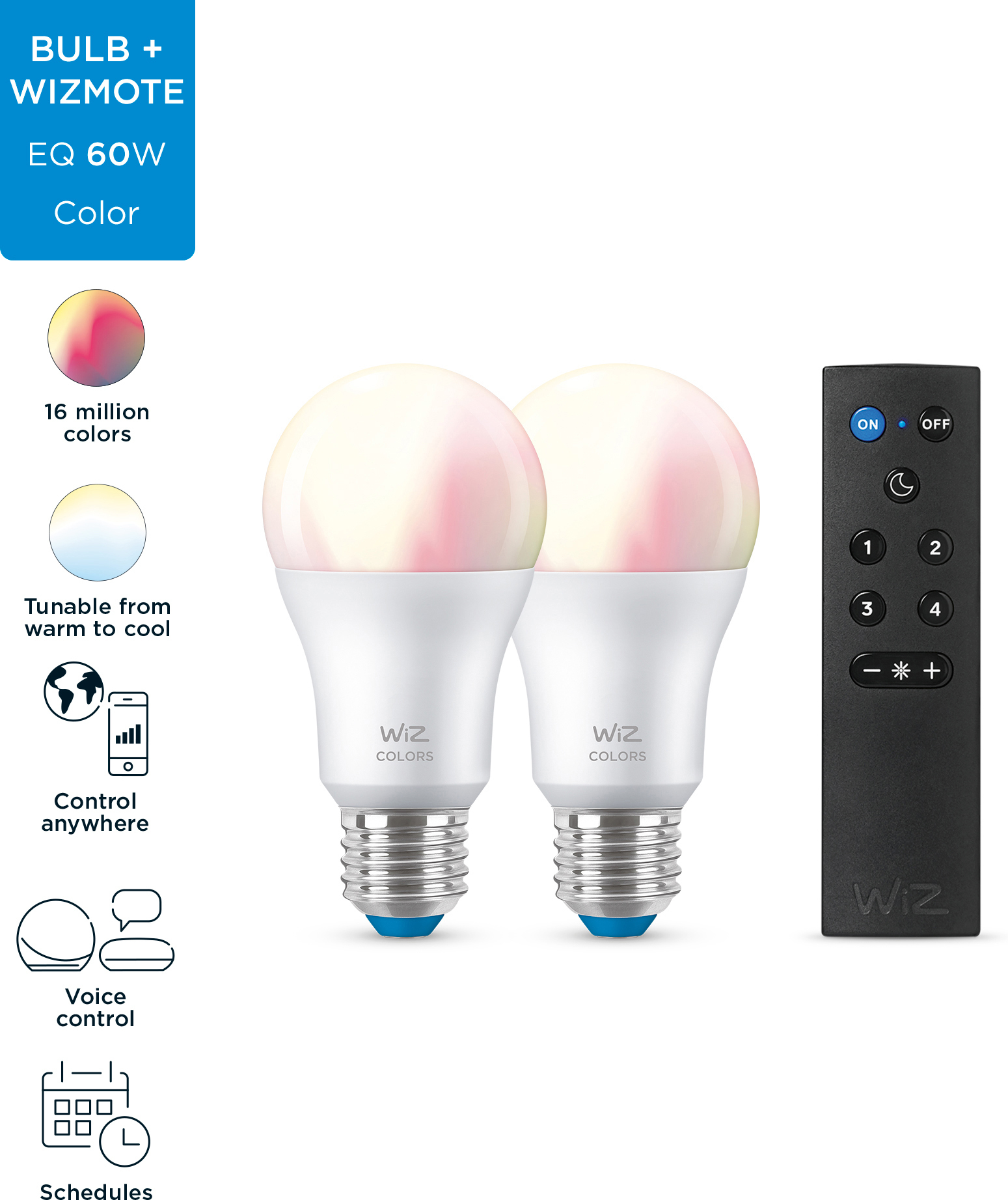 WiZ älylamppu, E27, RGBW - kaikki värit ja valkoisen valon sävyt, Wi-Fi, 806 lm, 2-pack