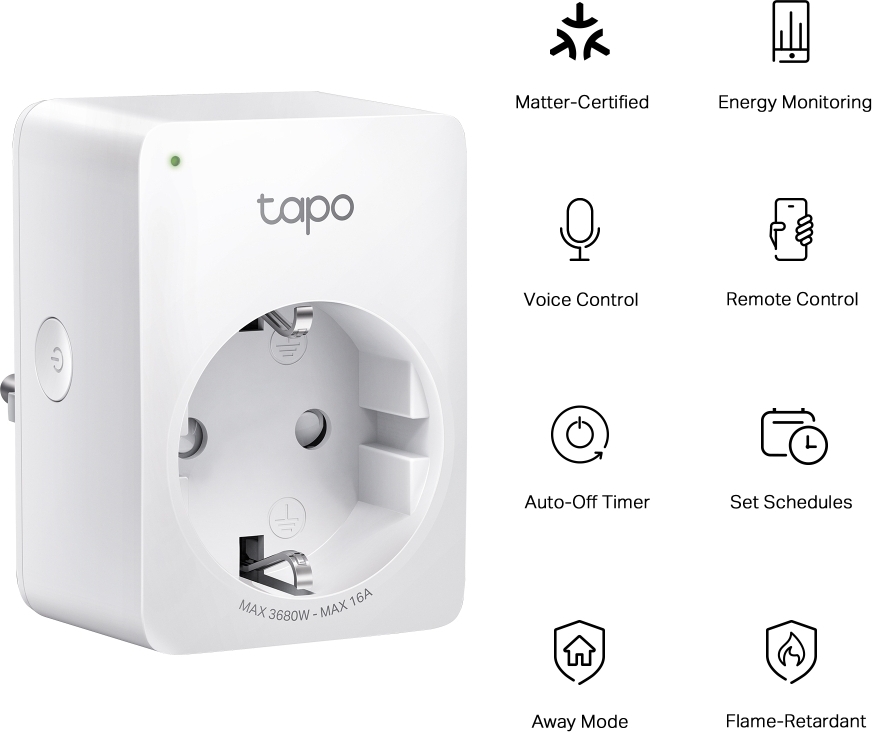 TP-LINK Tapo P110M -etäohjattava pistorasia virrankulutuksen mittauksella, Matter