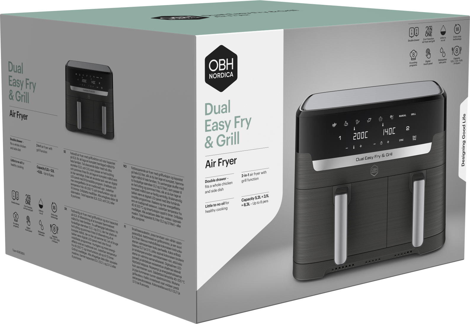 OBH Nordica Dual Easy Fry & Grill -airfryer, 8,3 l