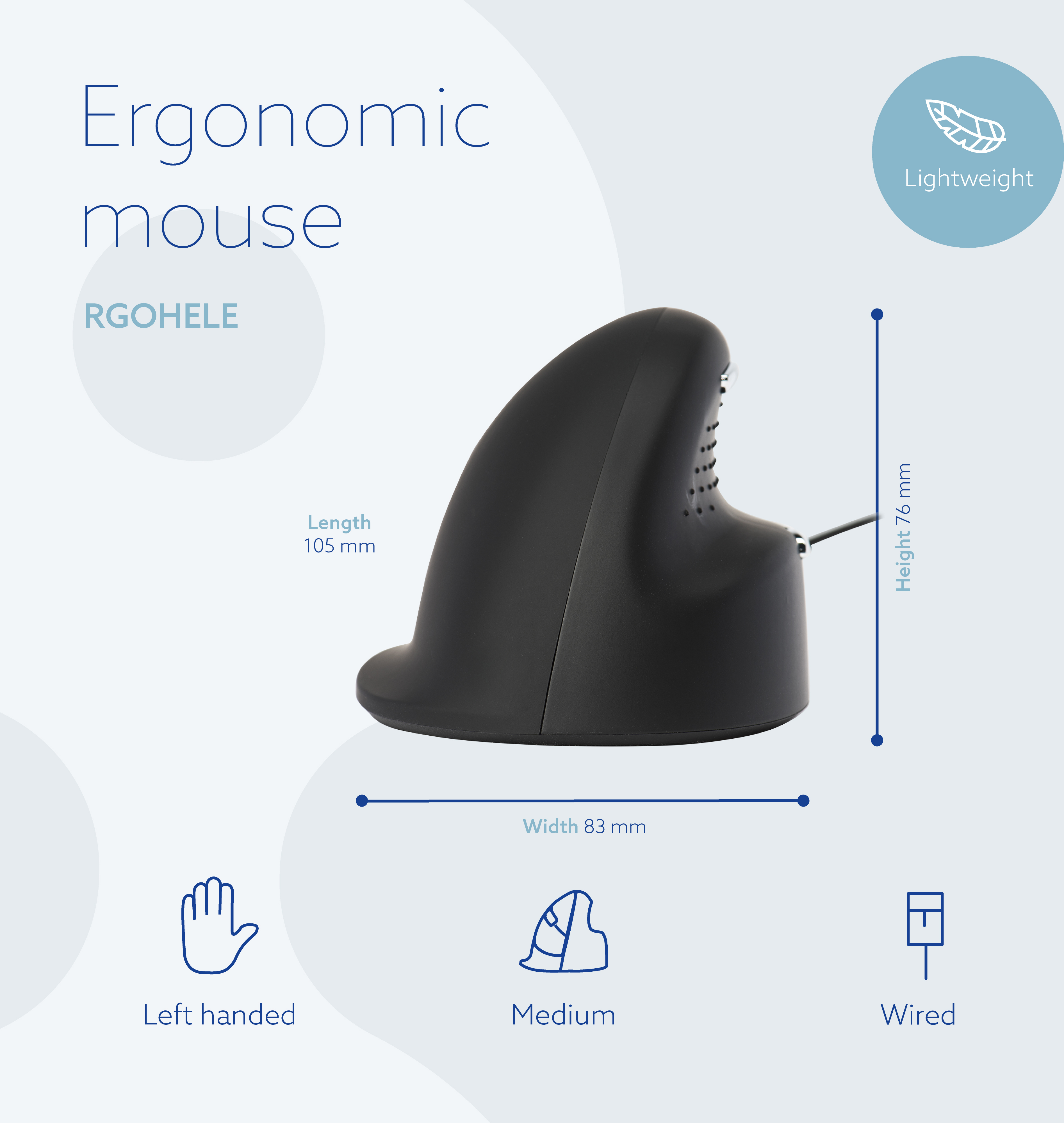 R-Go HE Break -ergonominen hiiri, USB, M-koko, vasemmalle kädelle