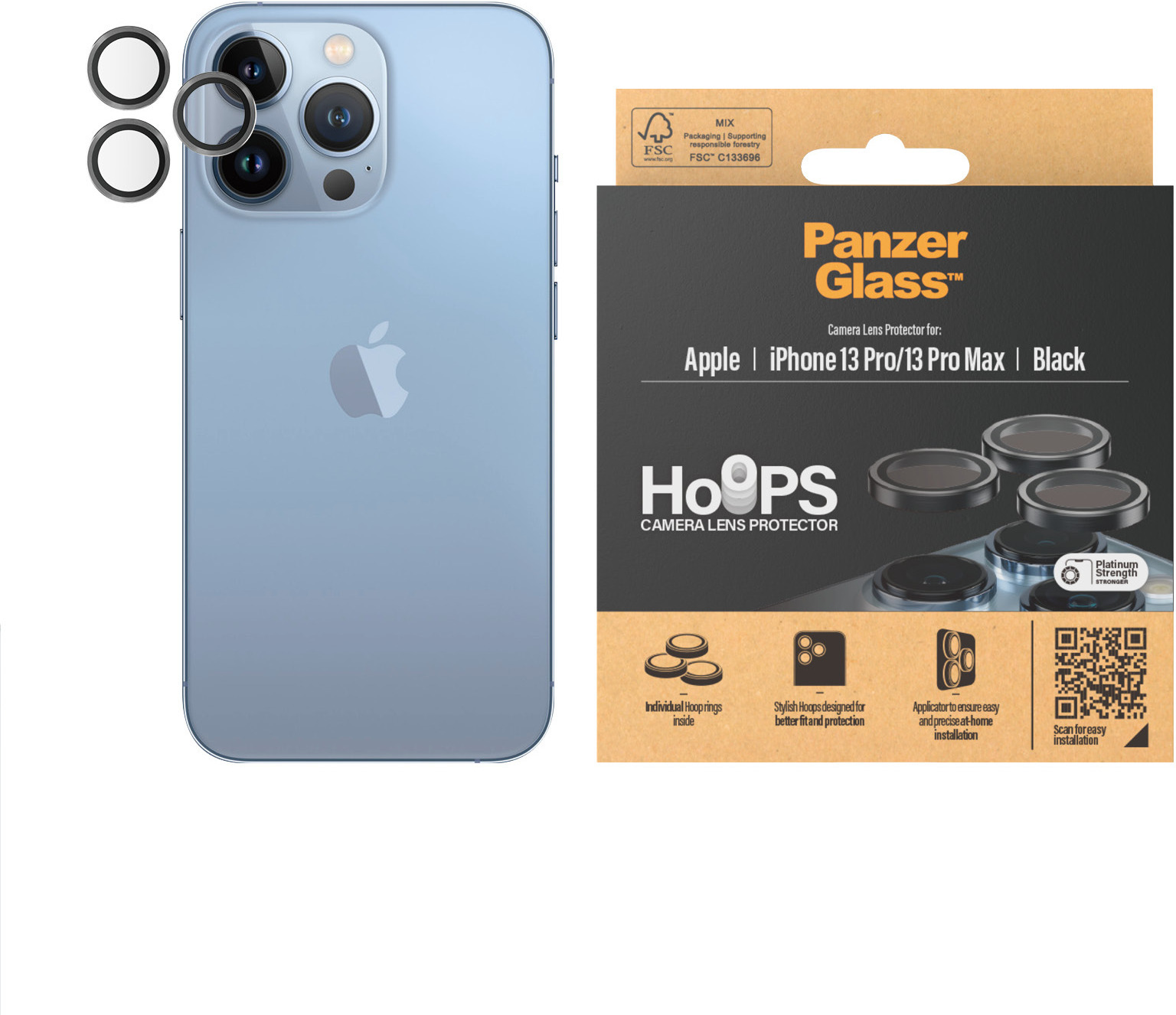 PanzerGlass Hoops -kameran linssinsuoja, iPhone 13 Pro / 13 Pro Max, musta