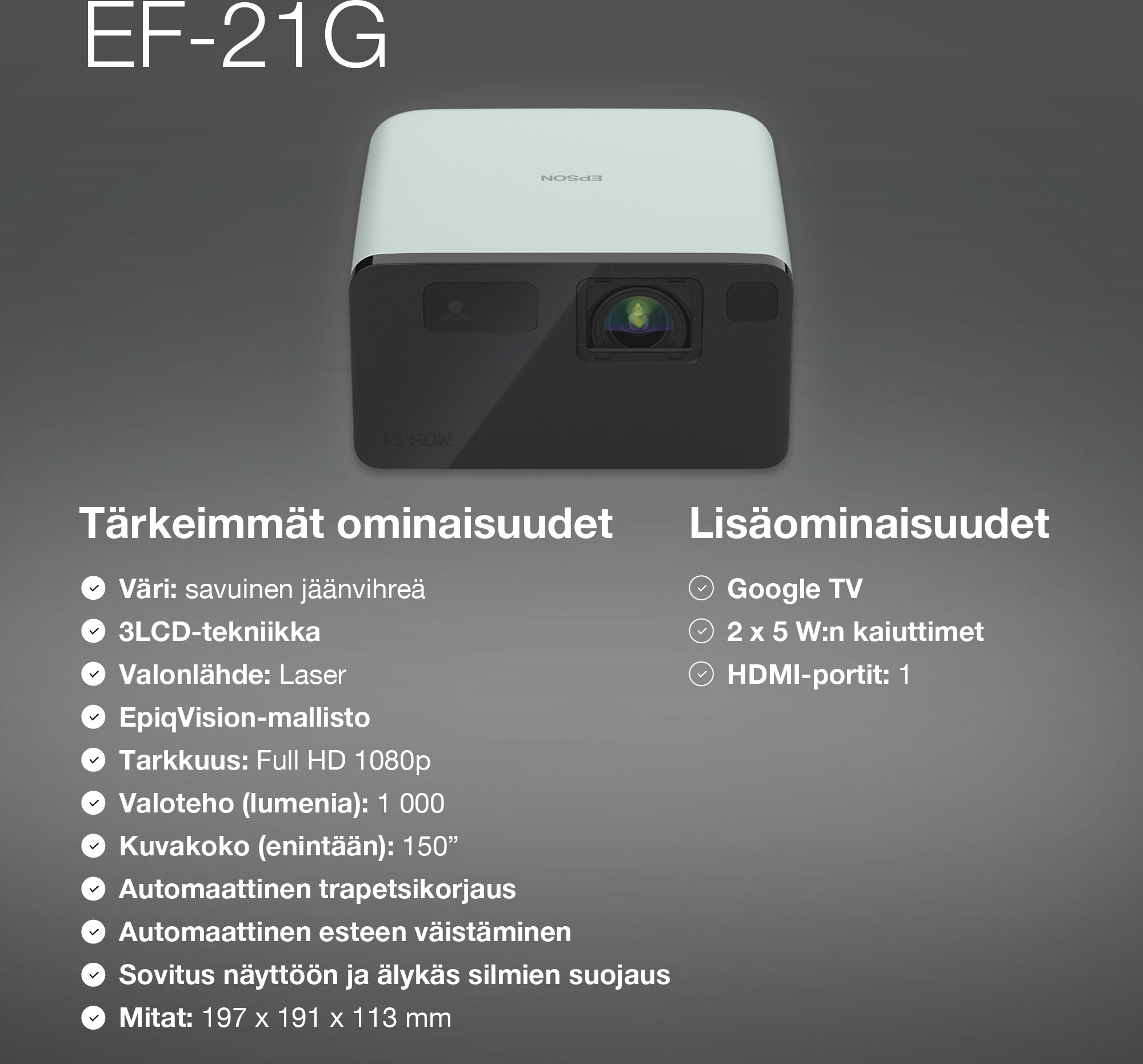 Epson EF-21G -minilaserprojektori-TV