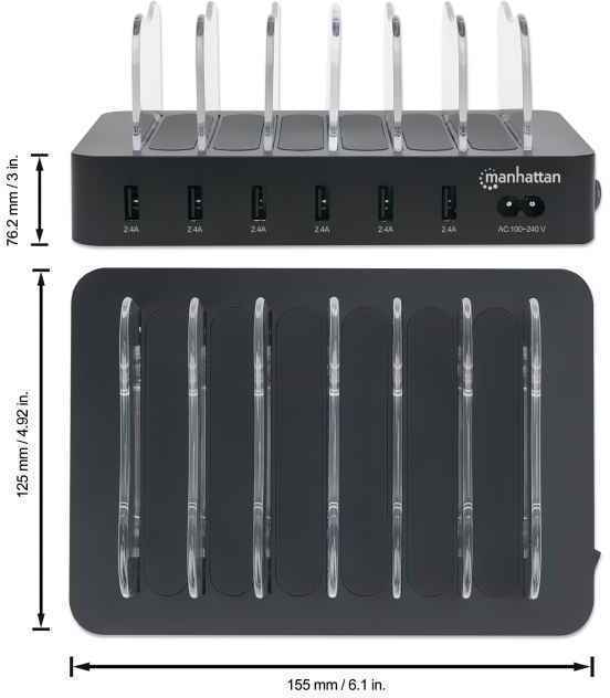 Manhattan 6-porttinen USB-latausasema puhelimille sekä tableteille