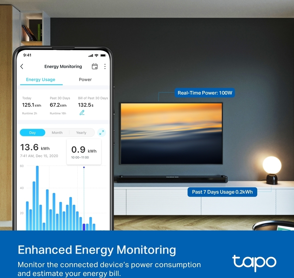 TP-LINK Tapo P110M -etäohjattava pistorasia virrankulutuksen mittauksella, Matter