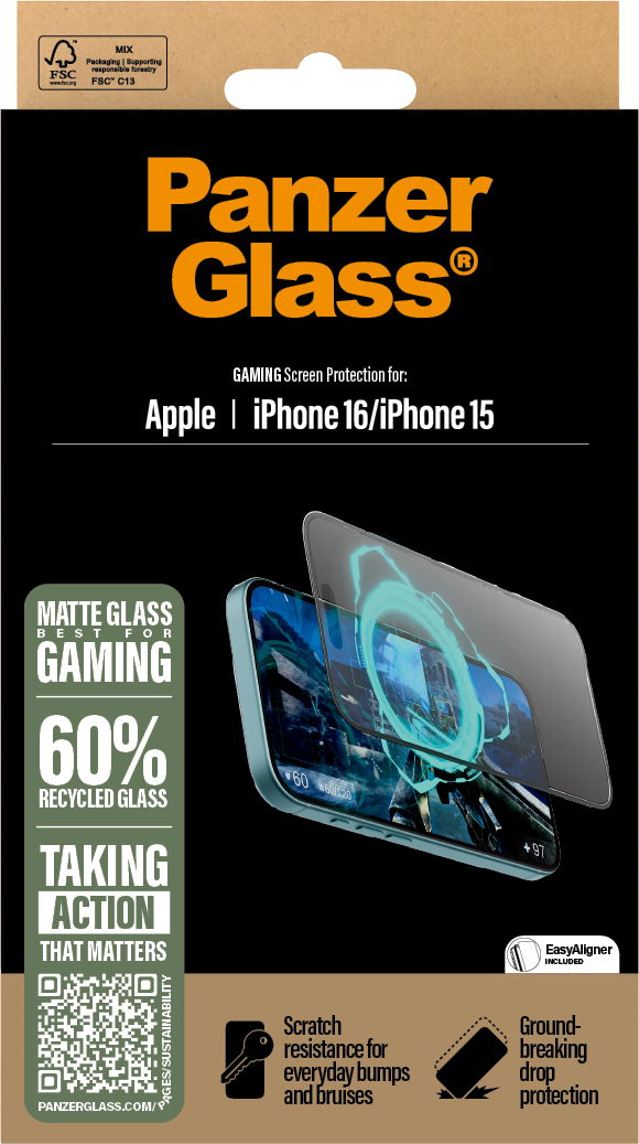 PanzerGlass Gaming Ultra-wide Fit with Aligner -panssarilasi, iPhone 16 / 15