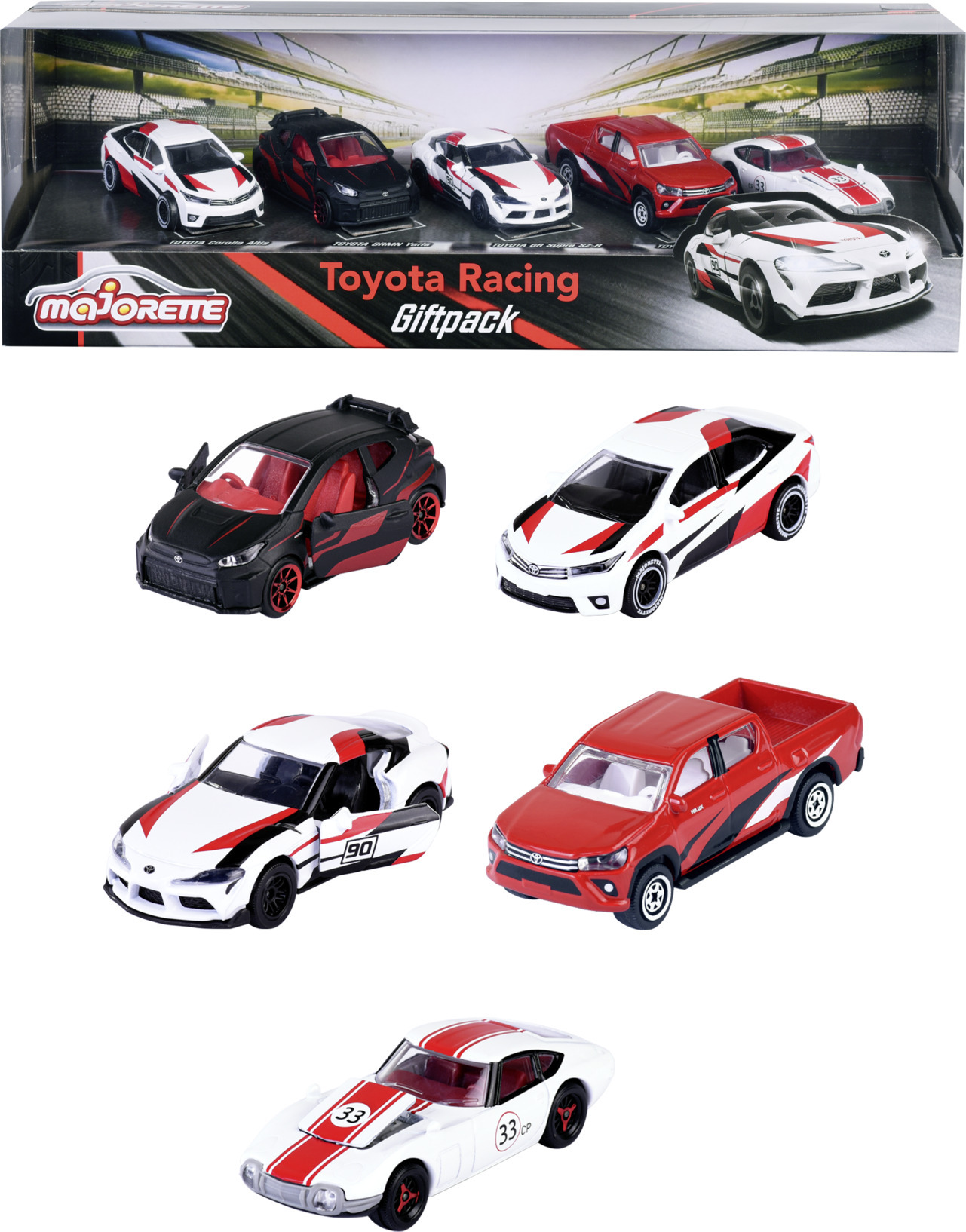 Majorette Toyota -kilpa-autot, 5 kpl, lahjapakkaus