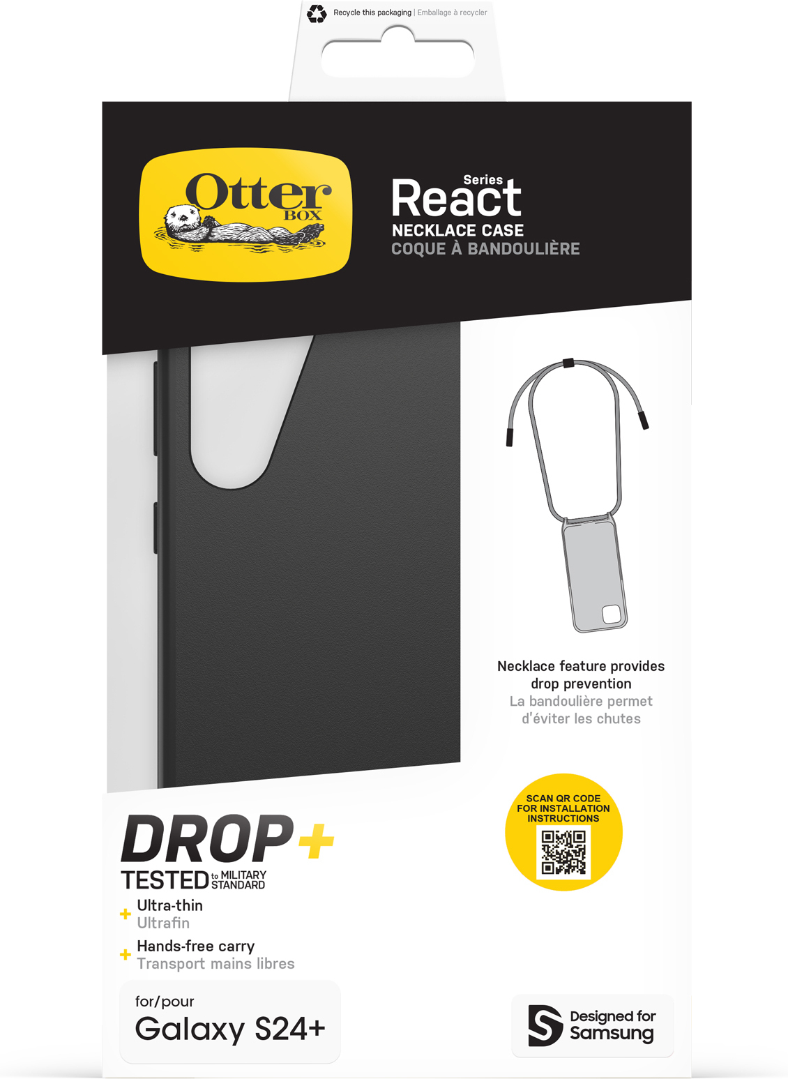 Otterbox React Necklace -suojakotelo hihnalla, musta, Samsung Galaxy S24+