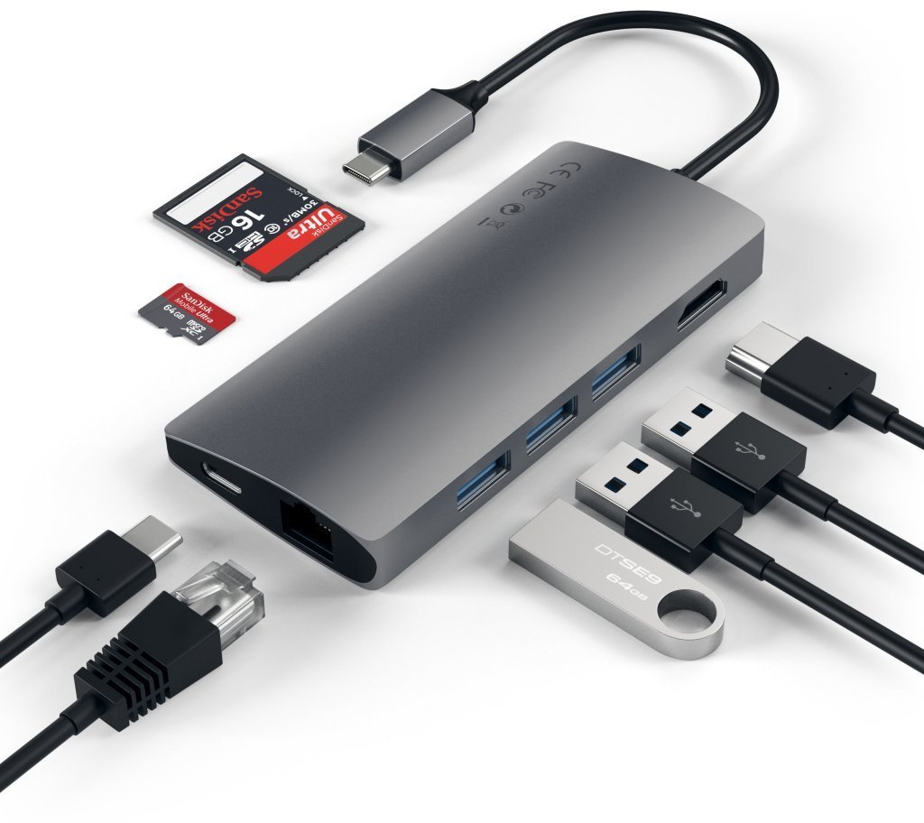 Satechi USB-C-Hubi, 6 porttia, muistikortinlukijat, space gray